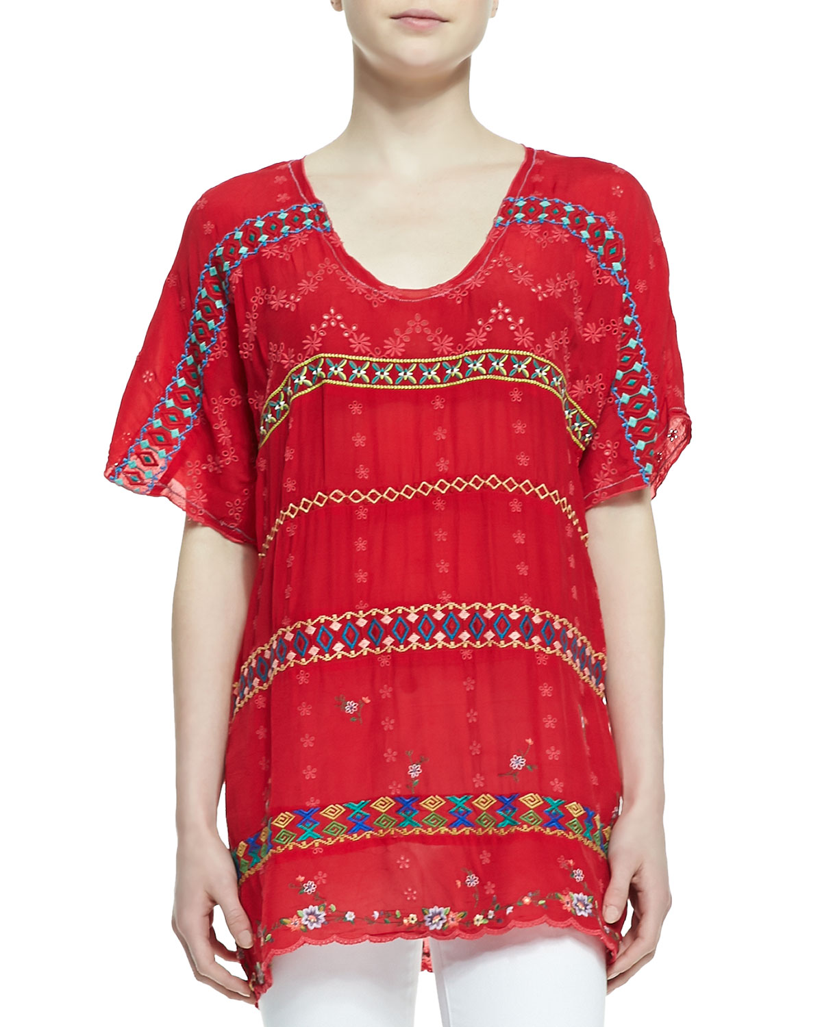 colorful daisy eyelet blouse, fiery red