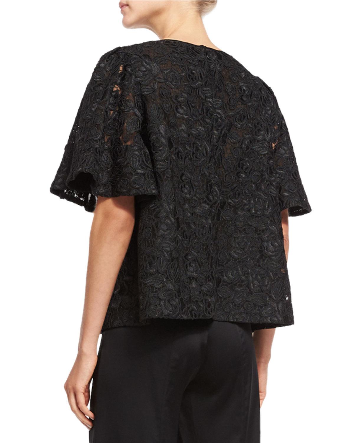 corded-lace flutter-sleeve tunic, black