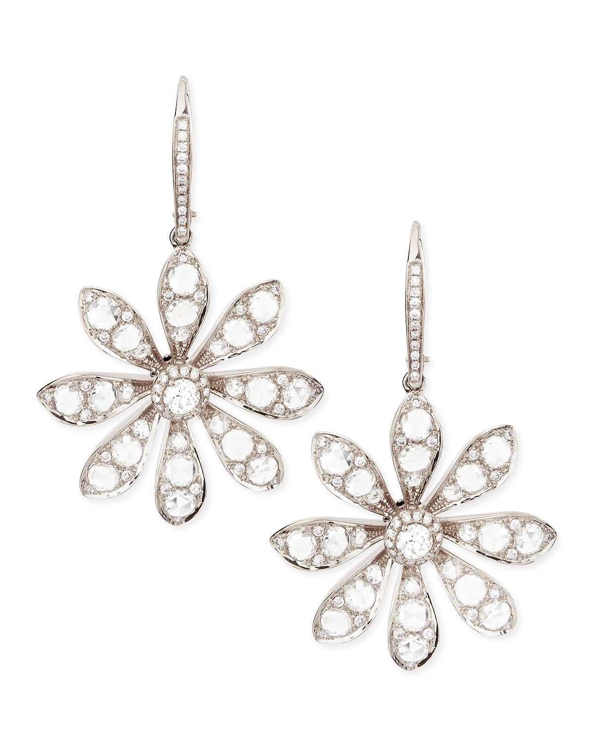 white gold,whitelie 18k white gold round & rose-cut diamond small flower drop
