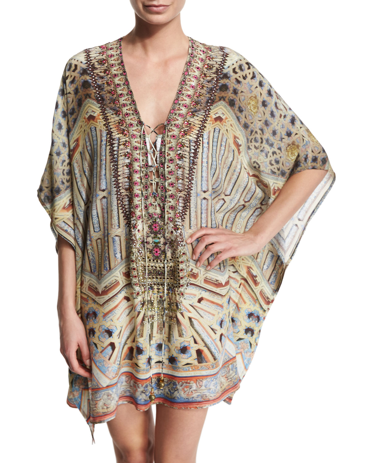 printed beaded lace-up short caftan coverup