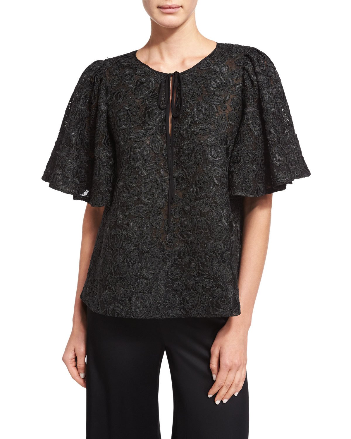 corded-lace flutter-sleeve tunic, black