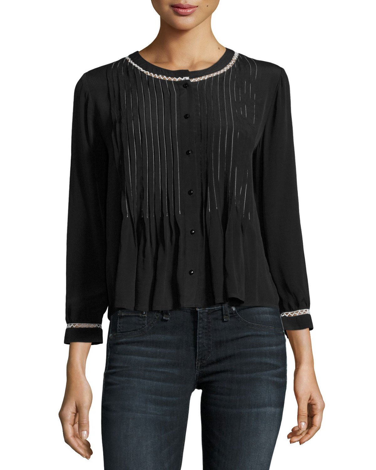 nana pintuck shirt with contrast stitching, black