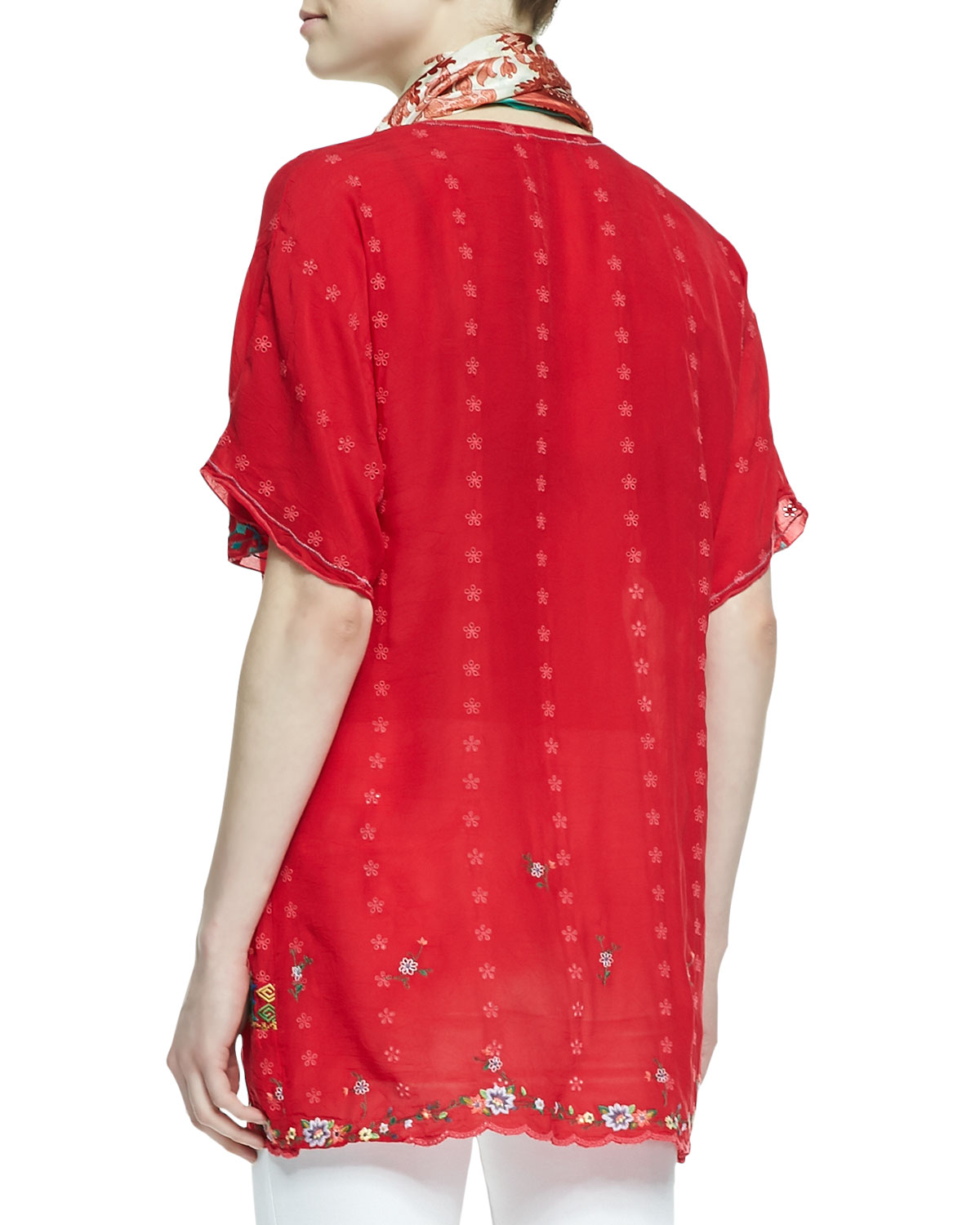 colorful daisy eyelet blouse, fiery red