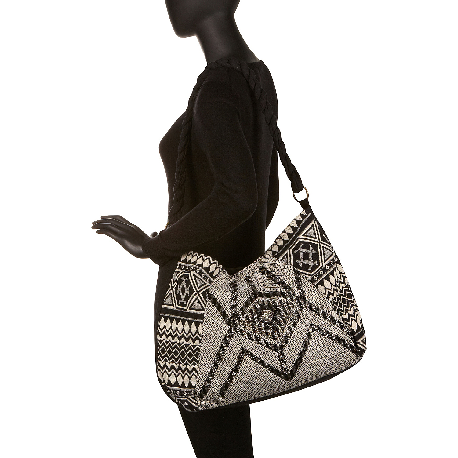 Beaded Shoulder Bag with Aztec Print