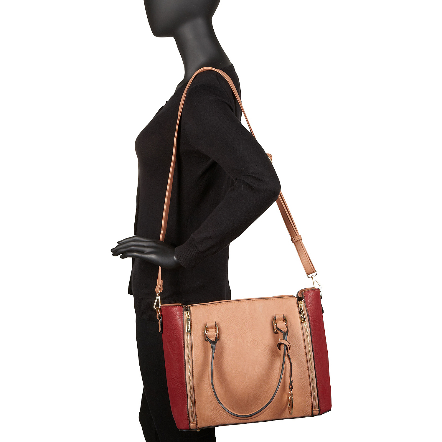 Zipper Accented Top Handle Tote Bag