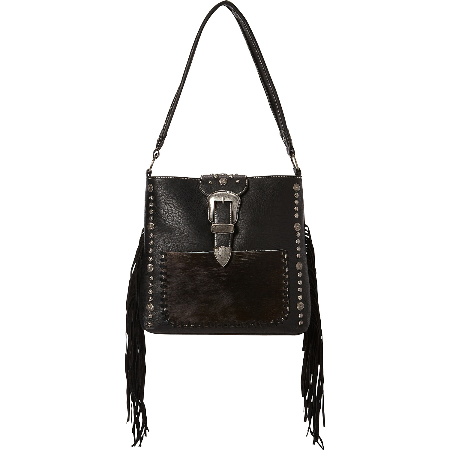 Buckle Handbag with Hair-On and Fringe