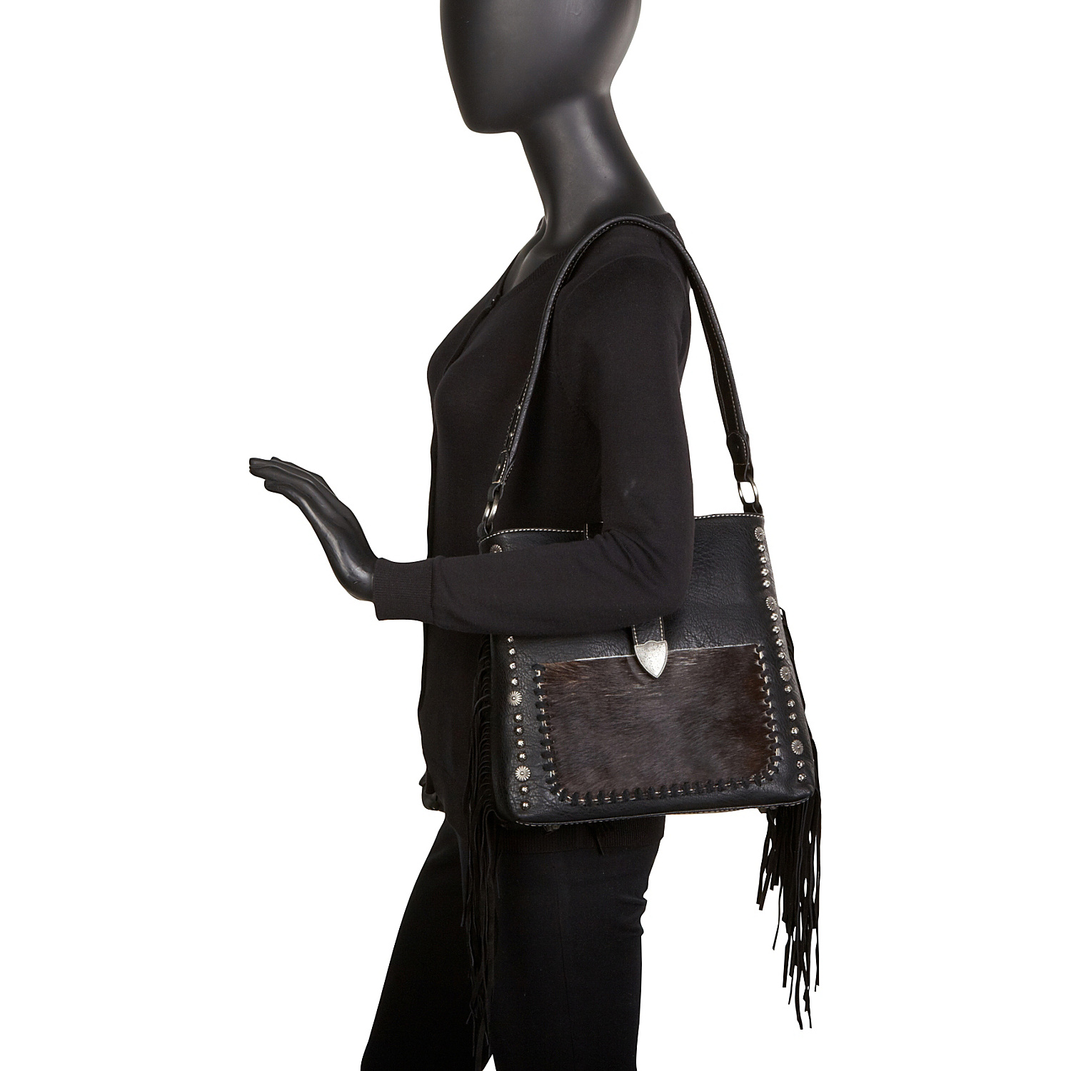 Buckle Handbag with Hair-On and Fringe