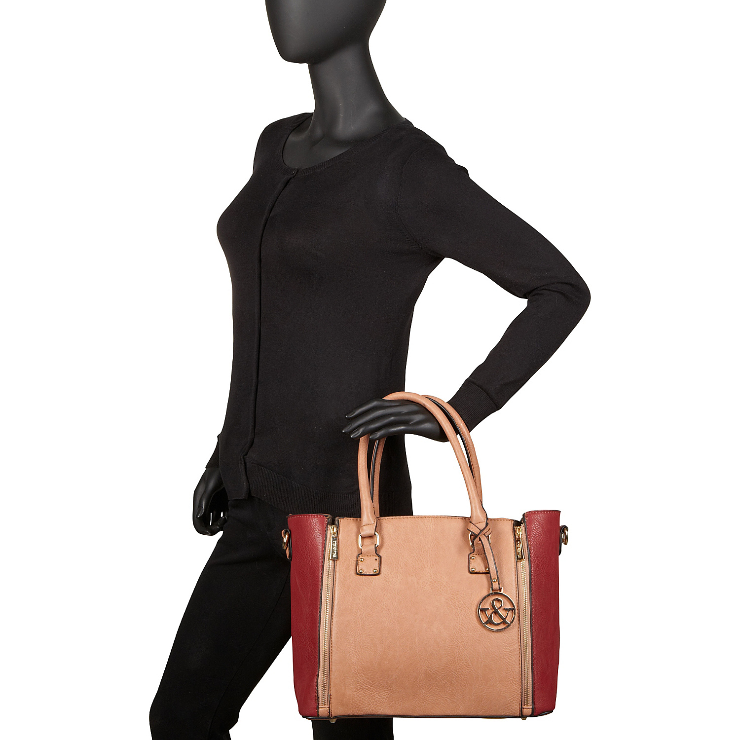 Zipper Accented Top Handle Tote Bag