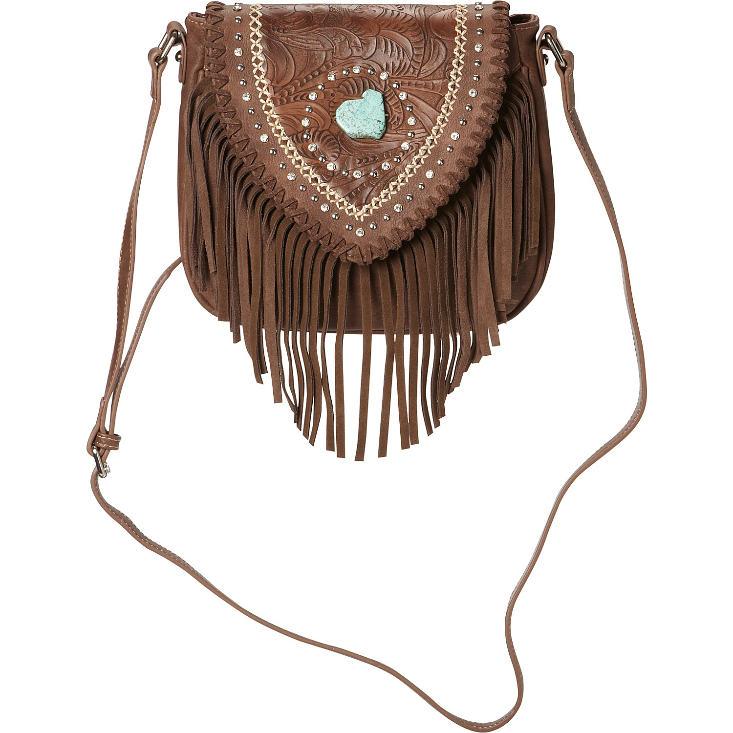 Tooled Crossbody Bag with Fringe