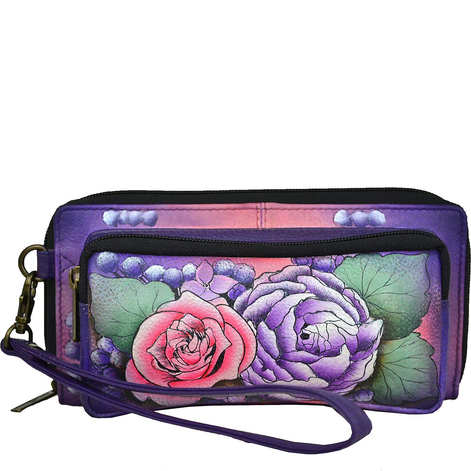 Hand Painted Leather Zip Around Clutch Wallet with RFID Blocking