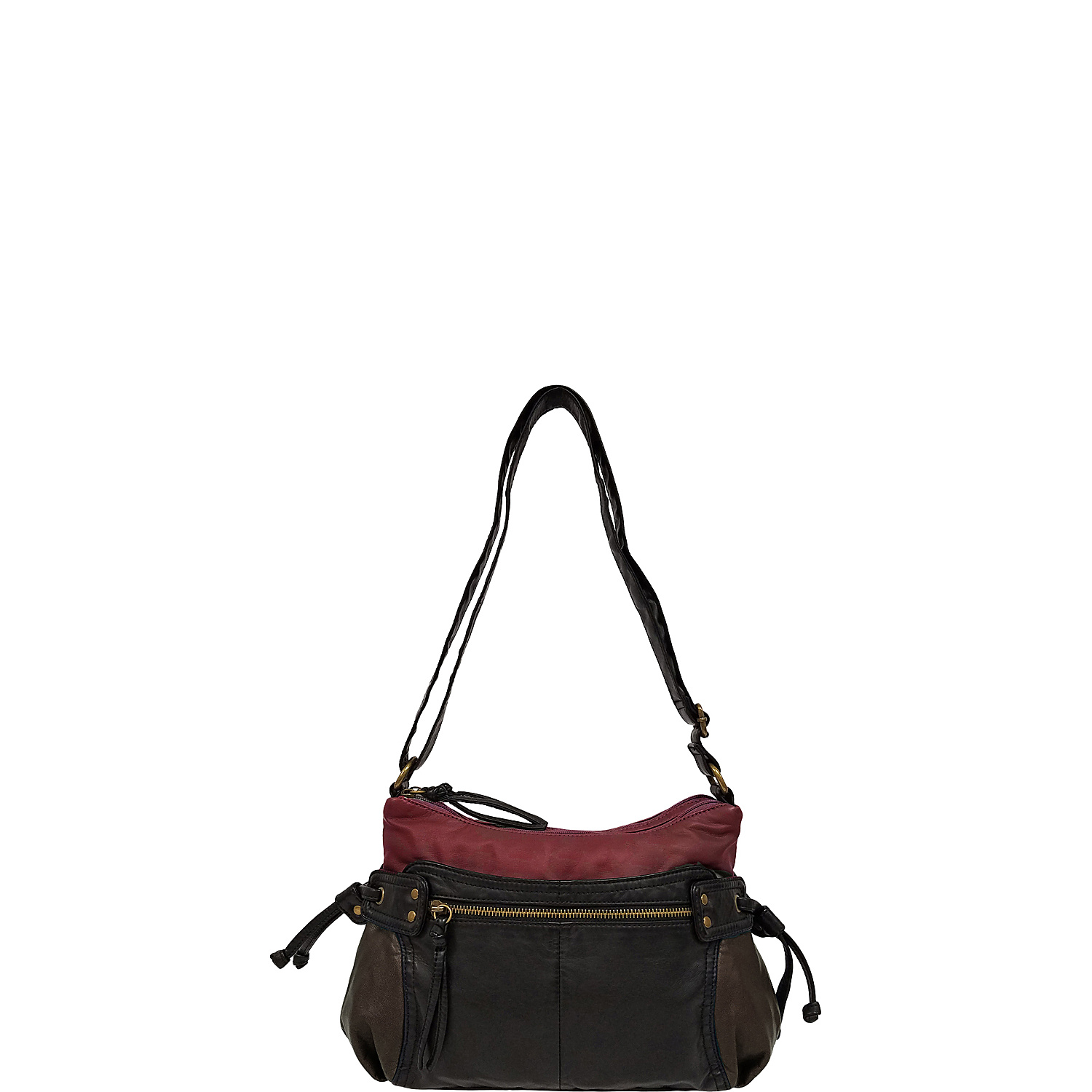 Washed Faux Leather Front Zip Shoulder Bag