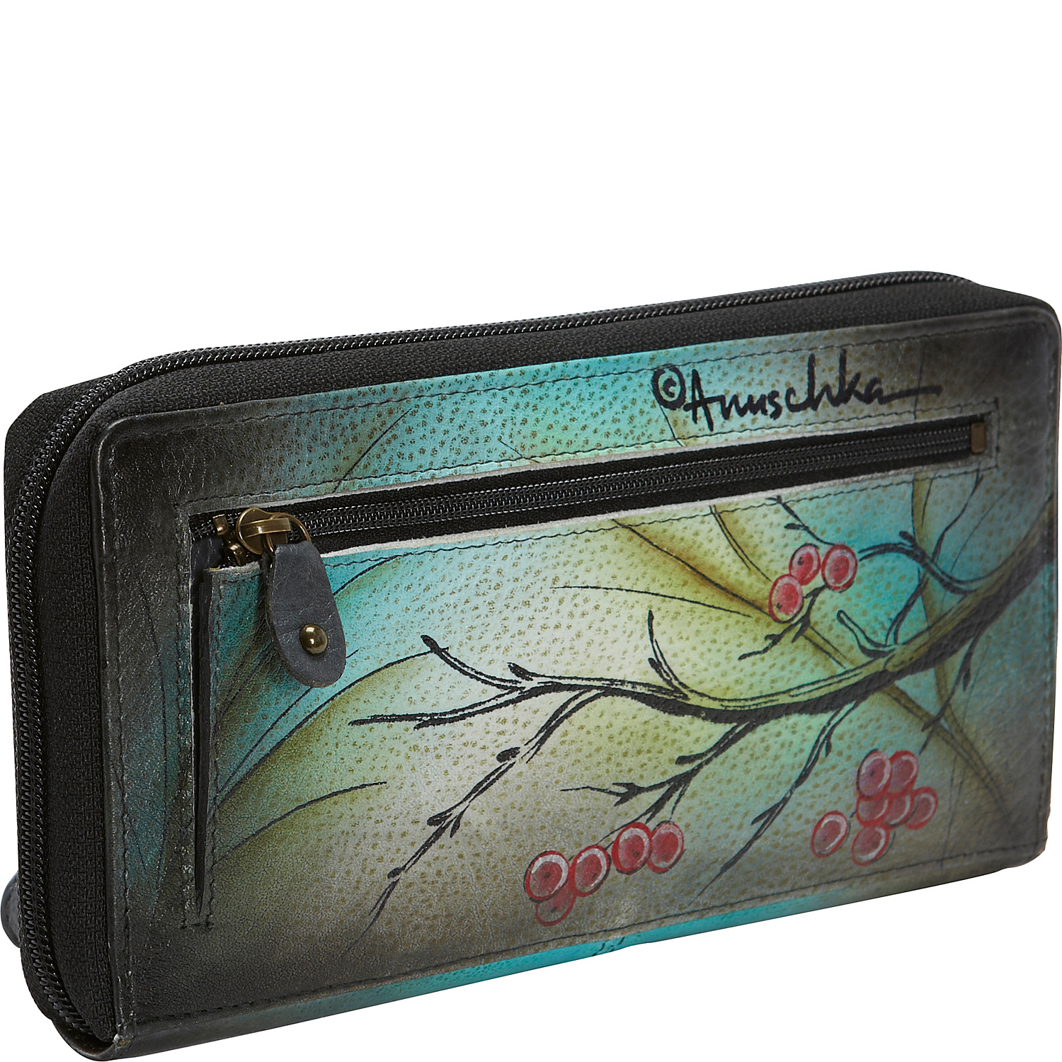 Hand Painted Leather Zip Around Clutch Wallet with RFID Blocking