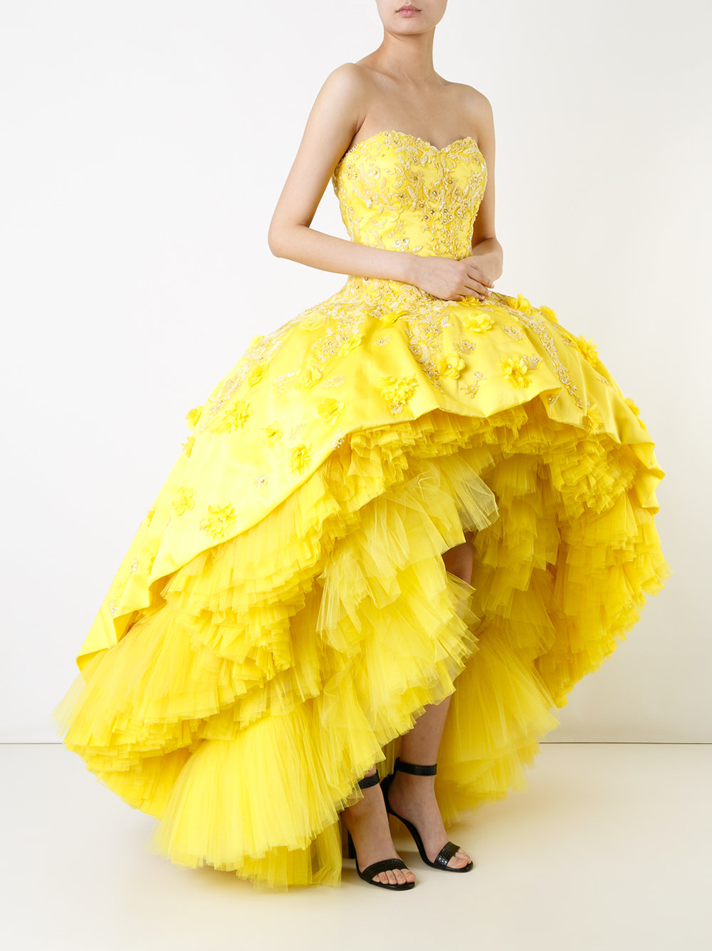 strapless hi-low gown