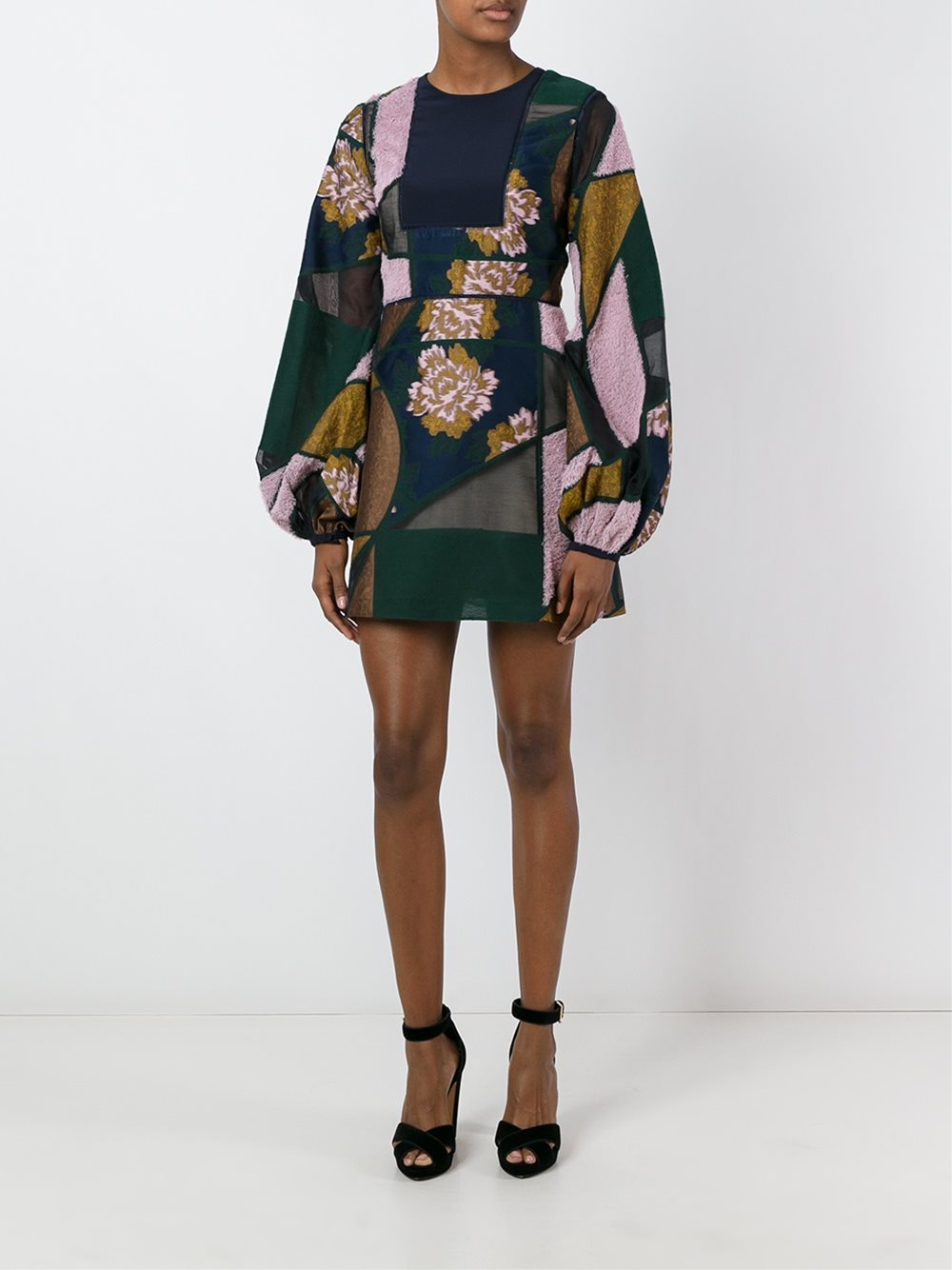 balloon-sleeve patchwork dress