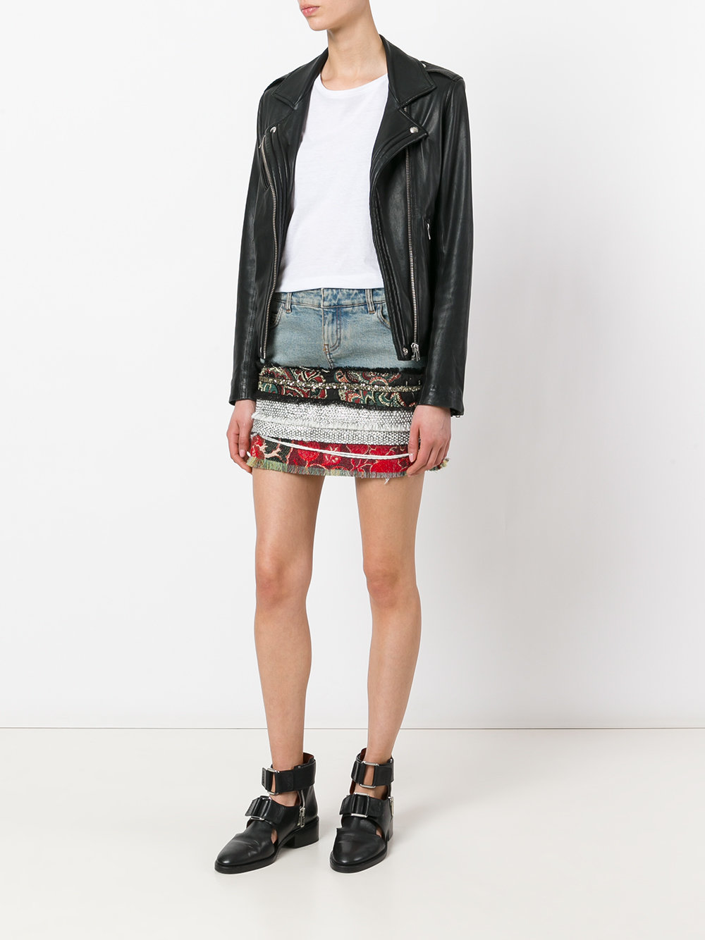 multi-print denim skirt