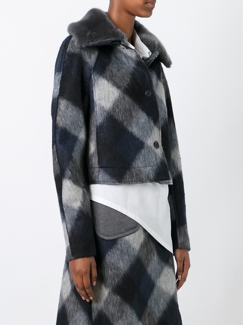 faux fur collar check jacket 