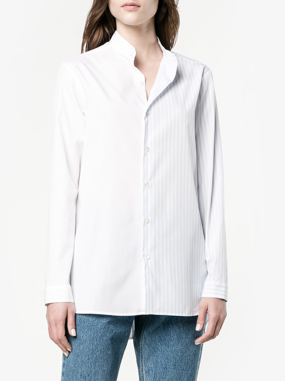 half stripe collarless shirt