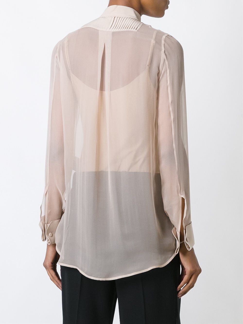 百褶胸兜半透明衬衫