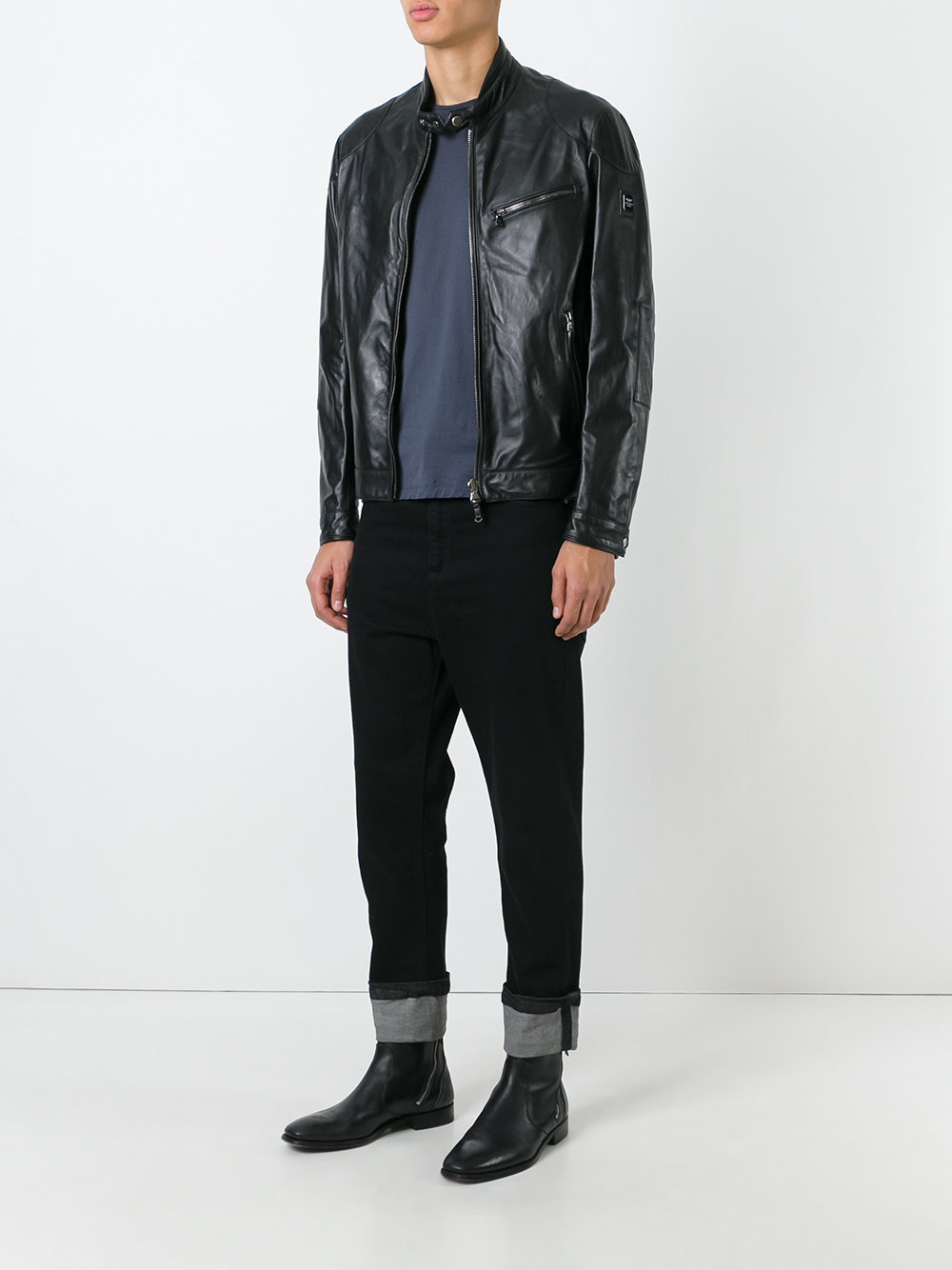 banded collar leather jacket