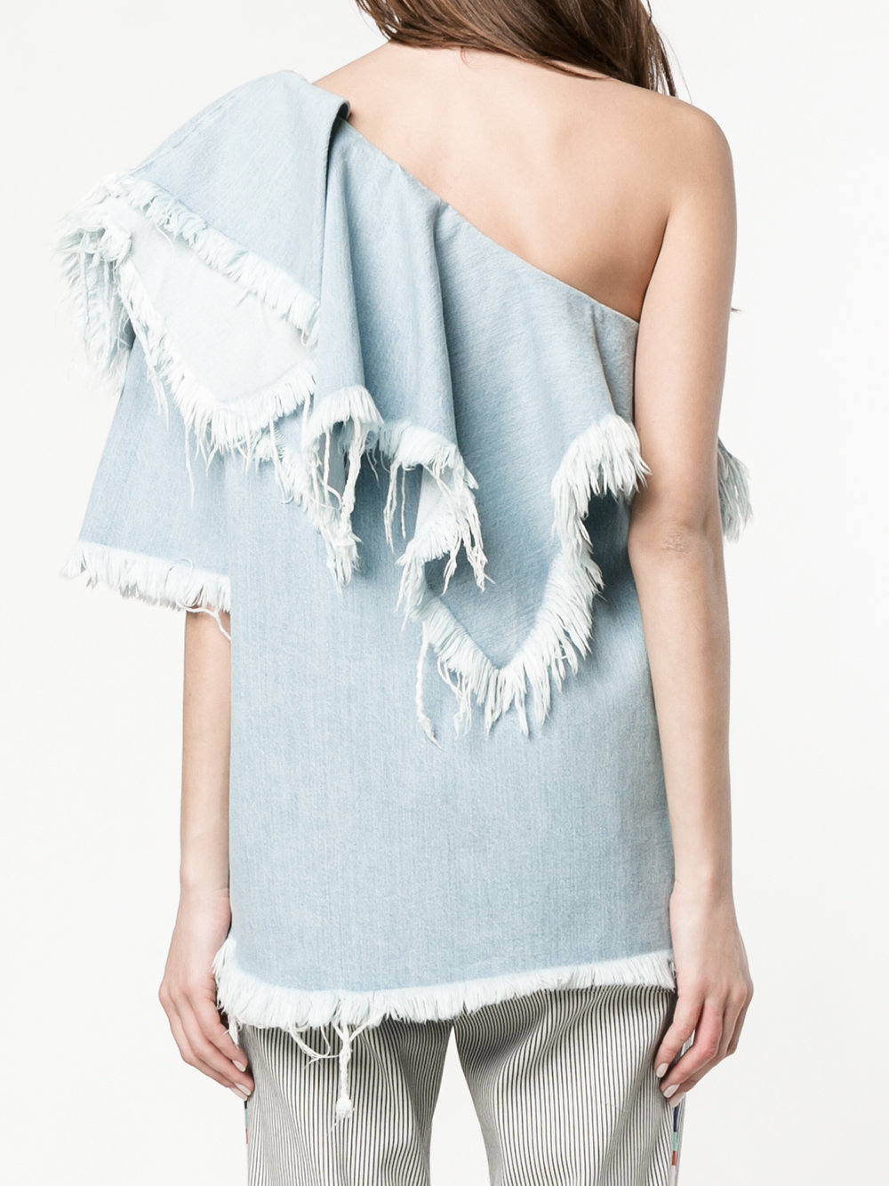 one-shoulder frayed denim top