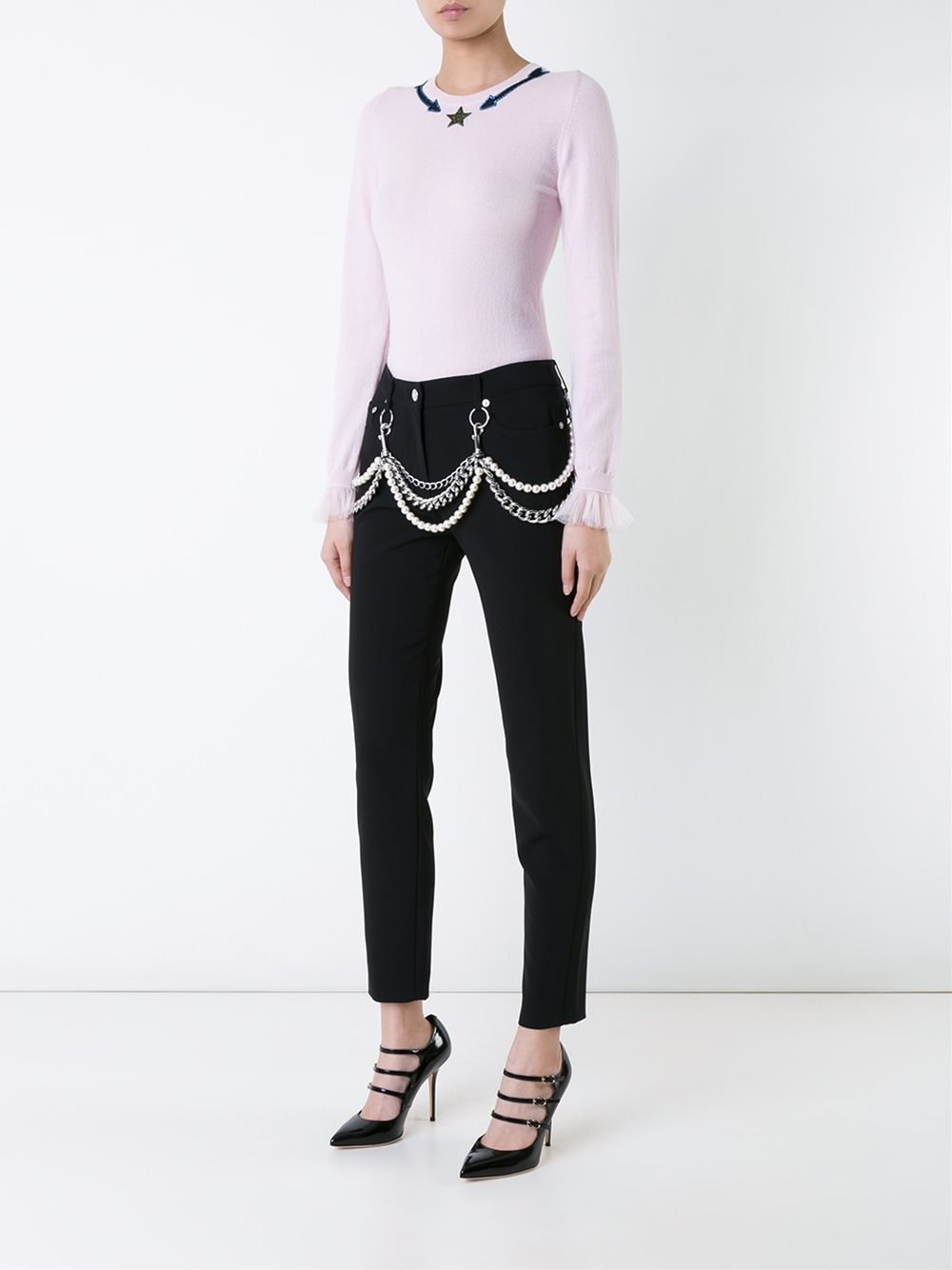 pearl and chain embellished trousers