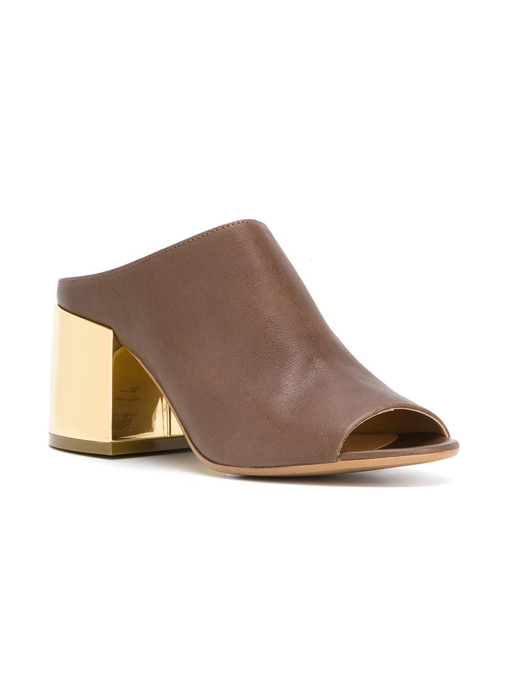 metallic chunky heel mules