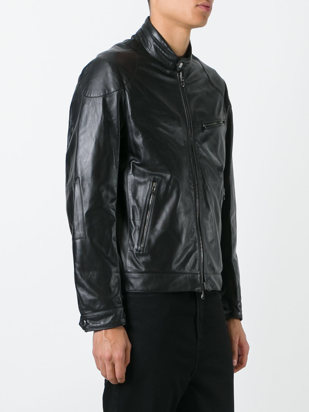 banded collar leather jacket