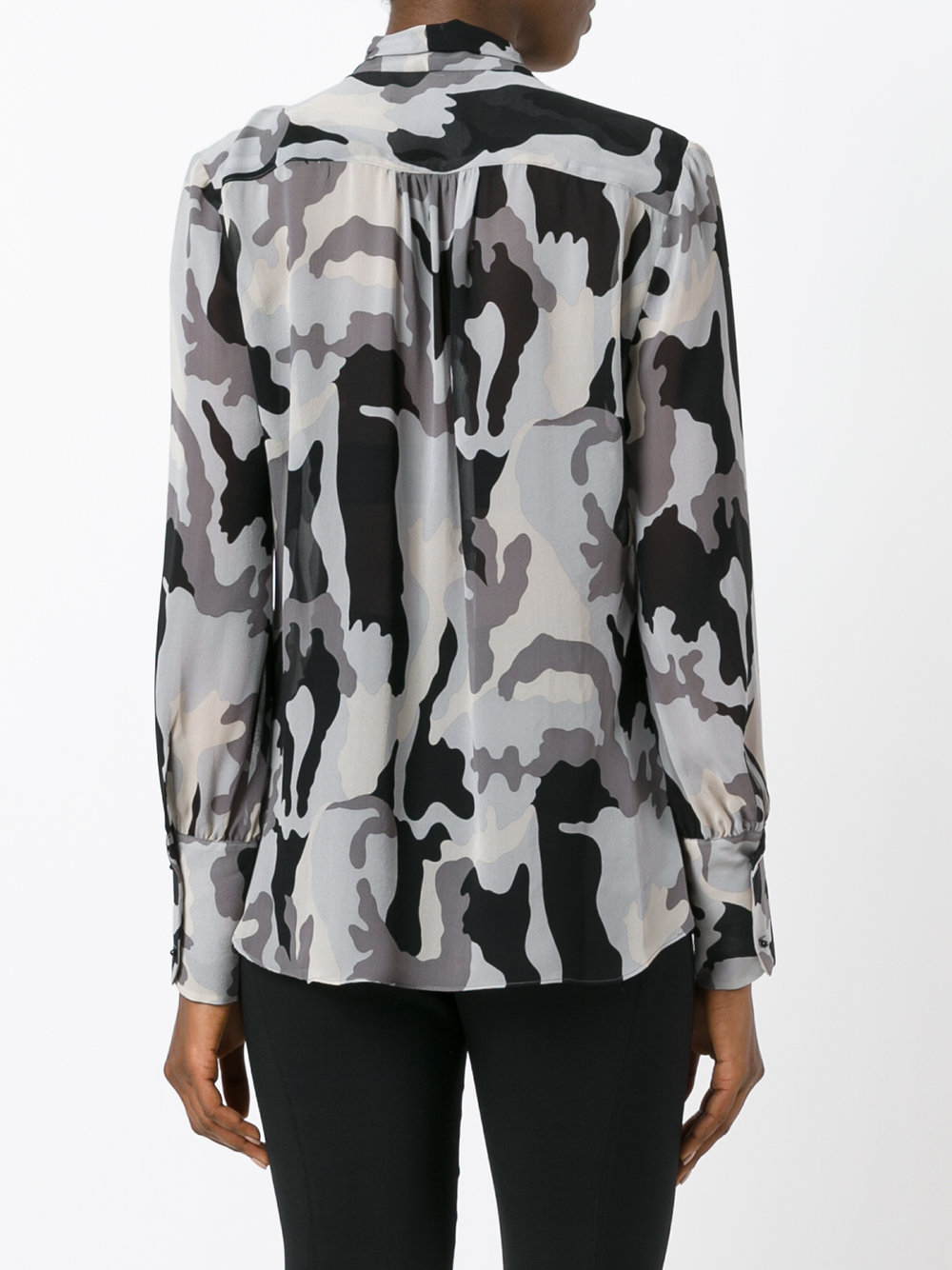 camouflage pussy bow blouse