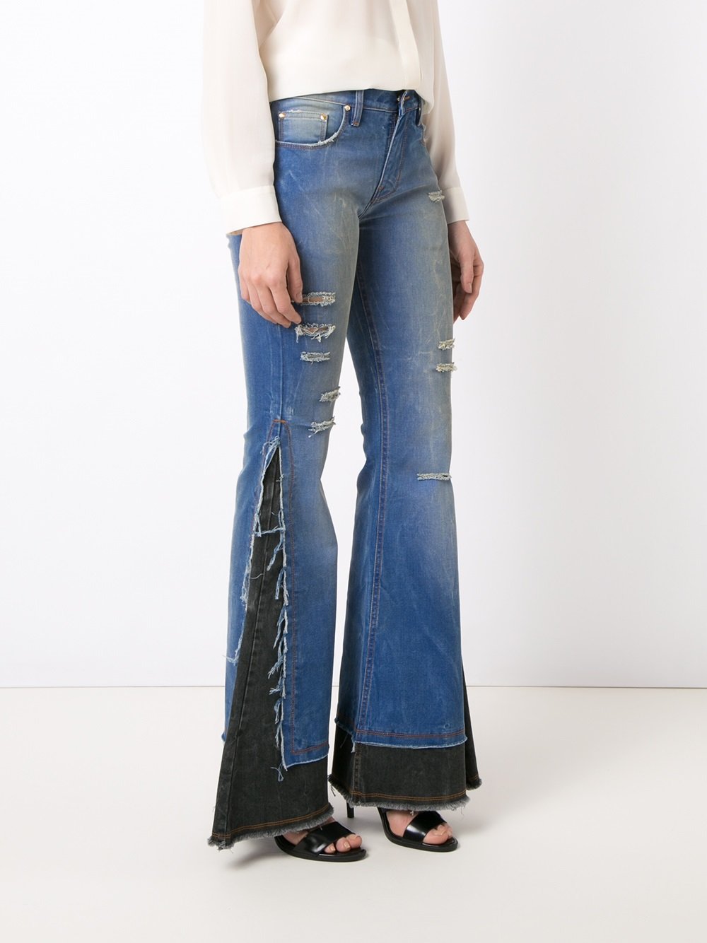 distressed overlay maxi flared jeans
