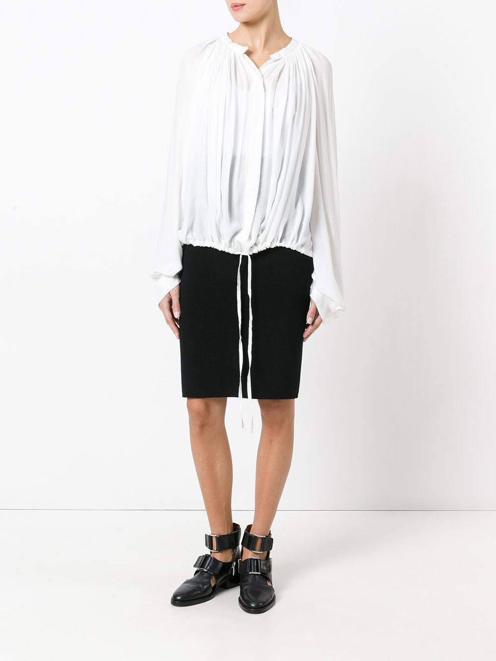 drawstring collarless blouse