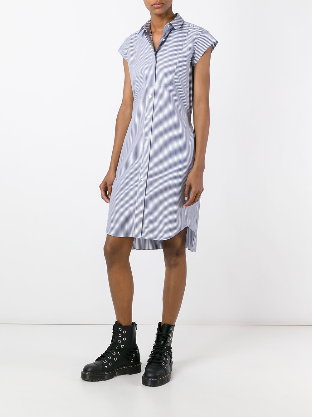 pleated pinstripe shirt dress