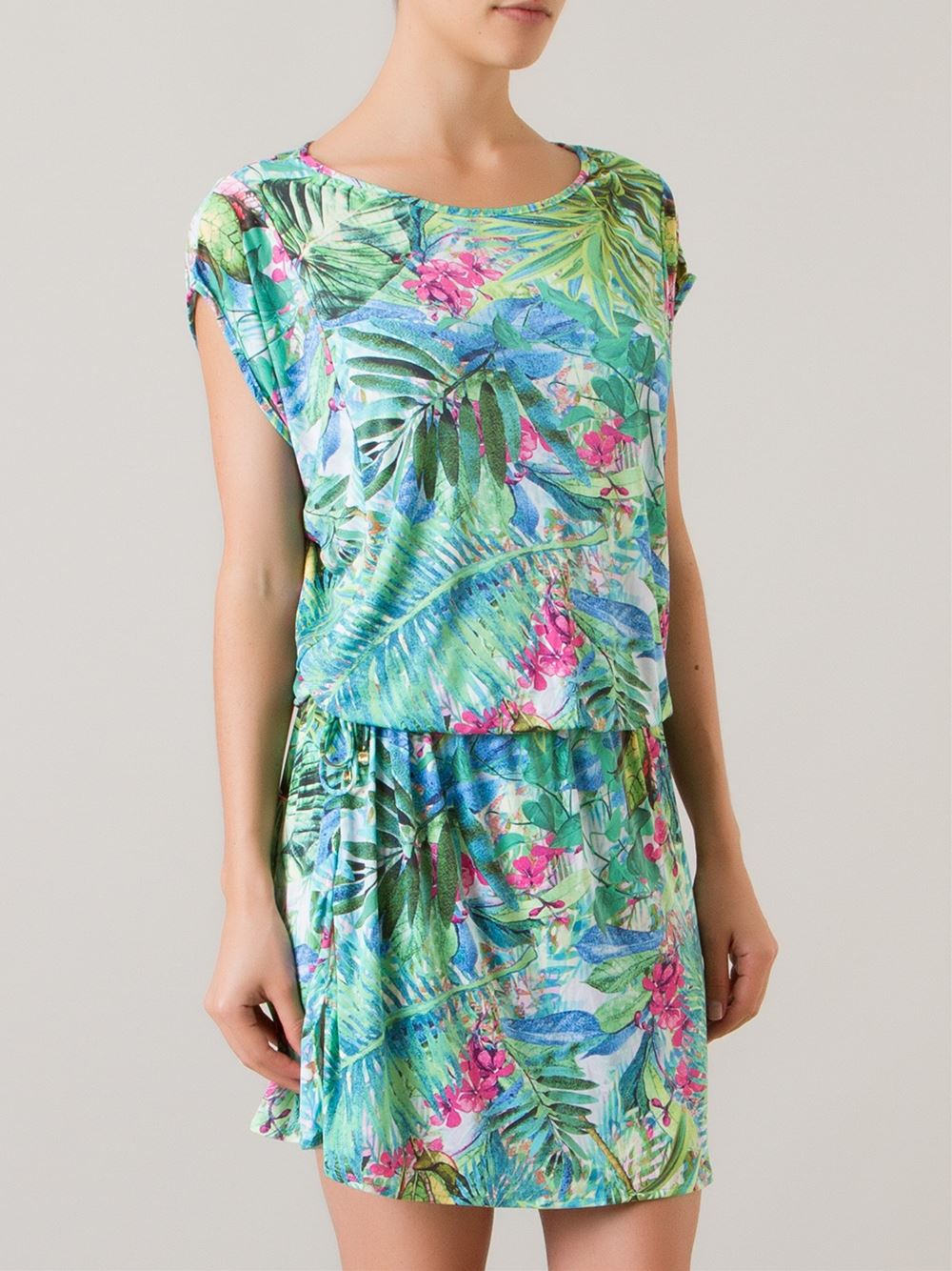 drawstring foliage print beach dress