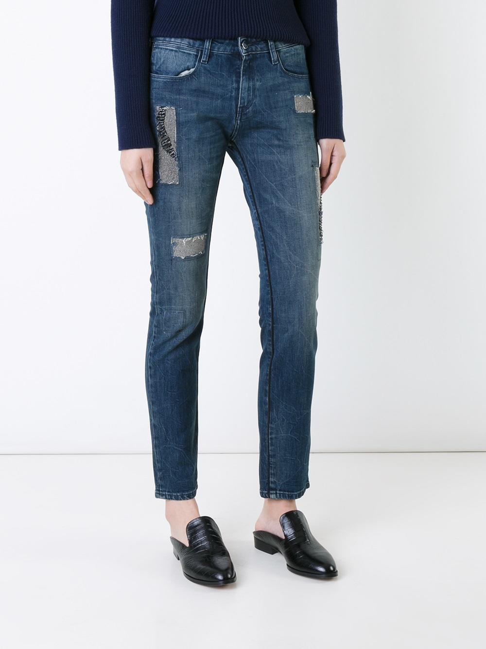 亮片贴袋紧身牛仔裤