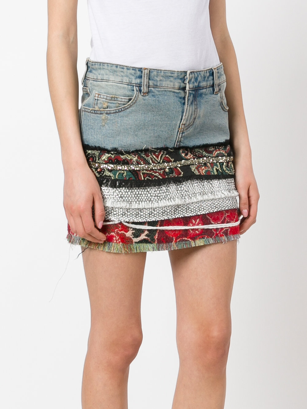 multi-print denim skirt