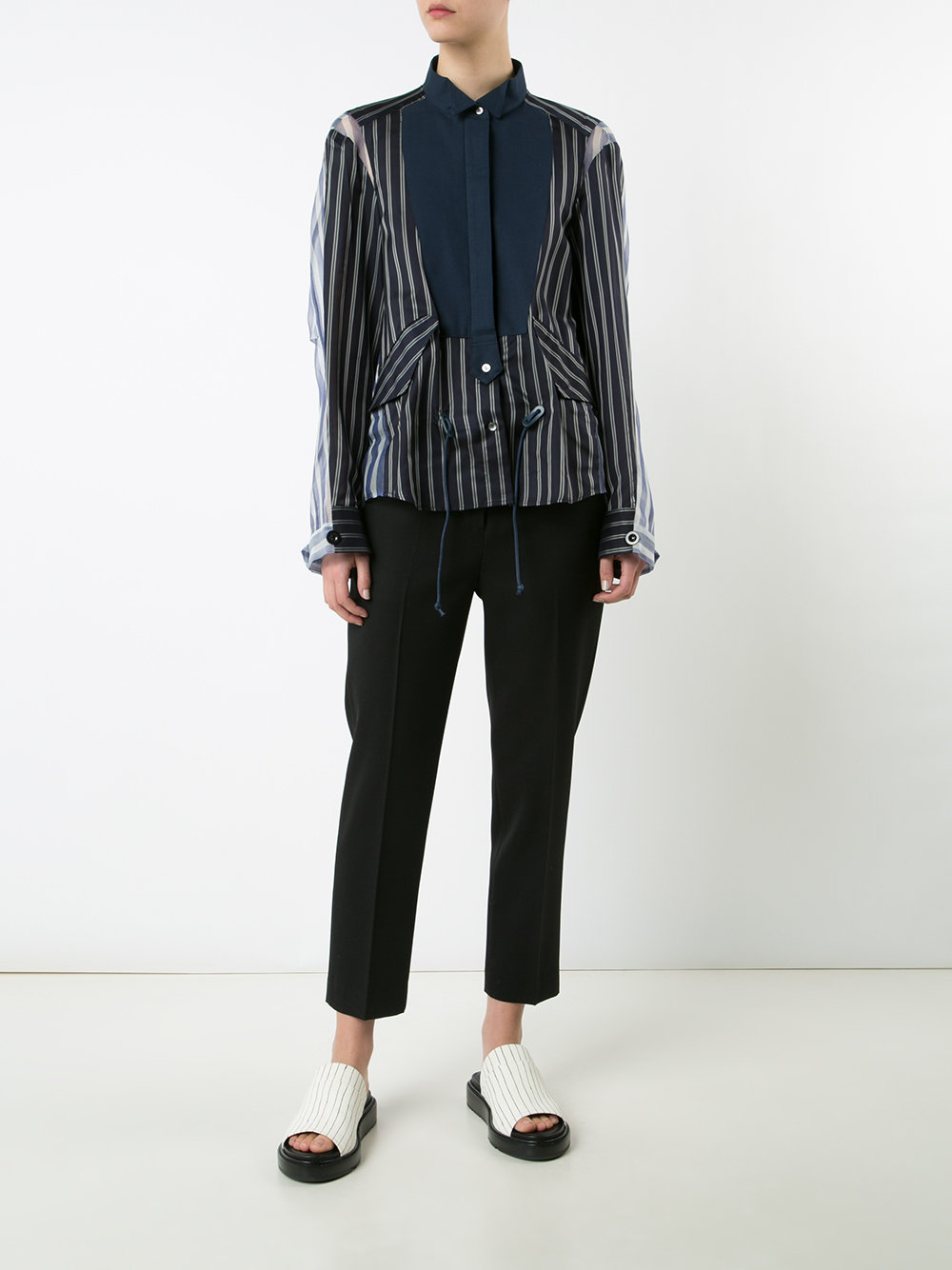 sheer panel bib stripe shirt