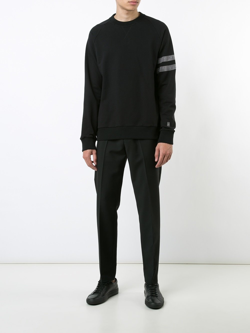 distressed sleeve stripe sweatshirt