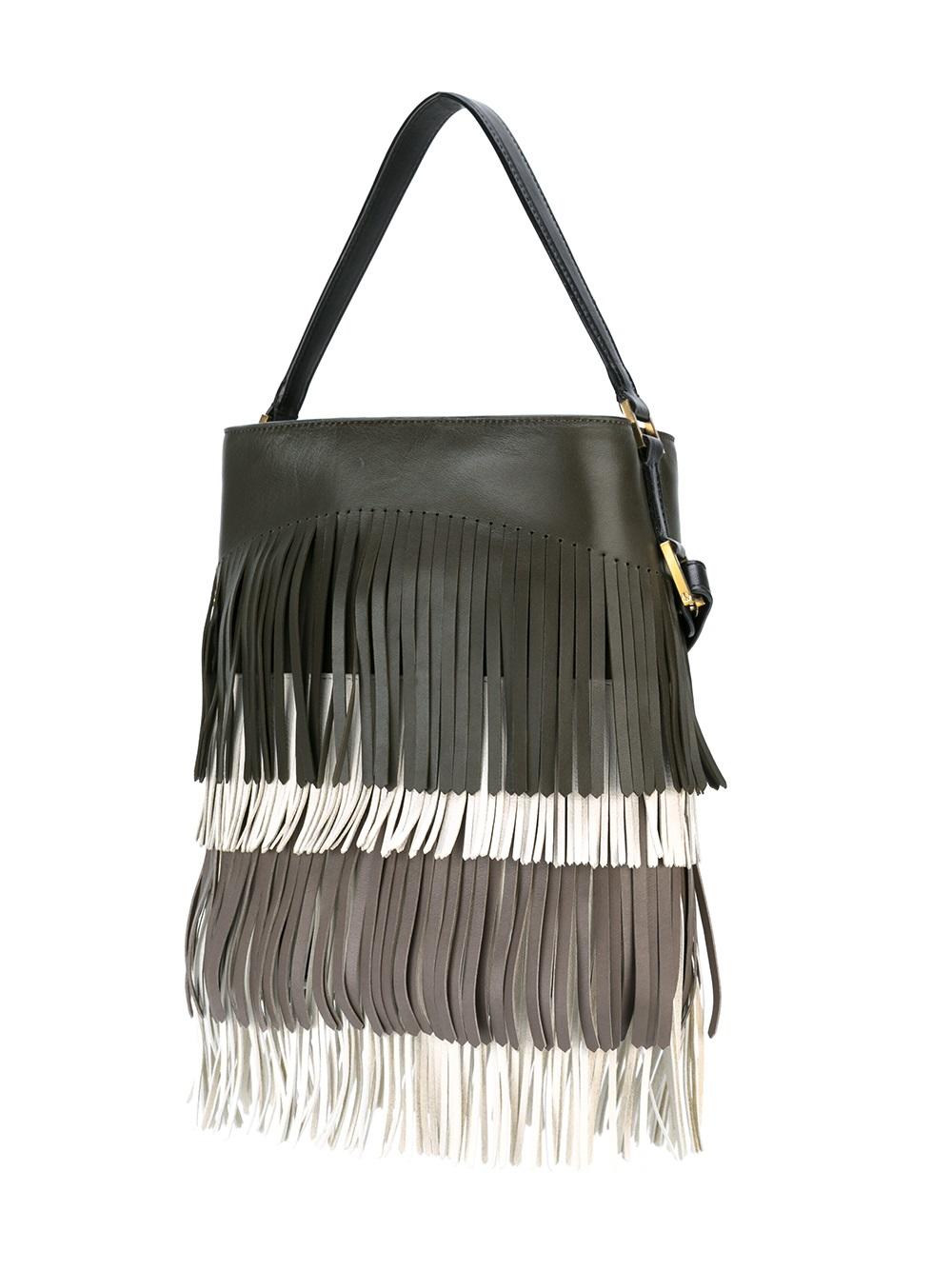 fringed bucket shoulder bag