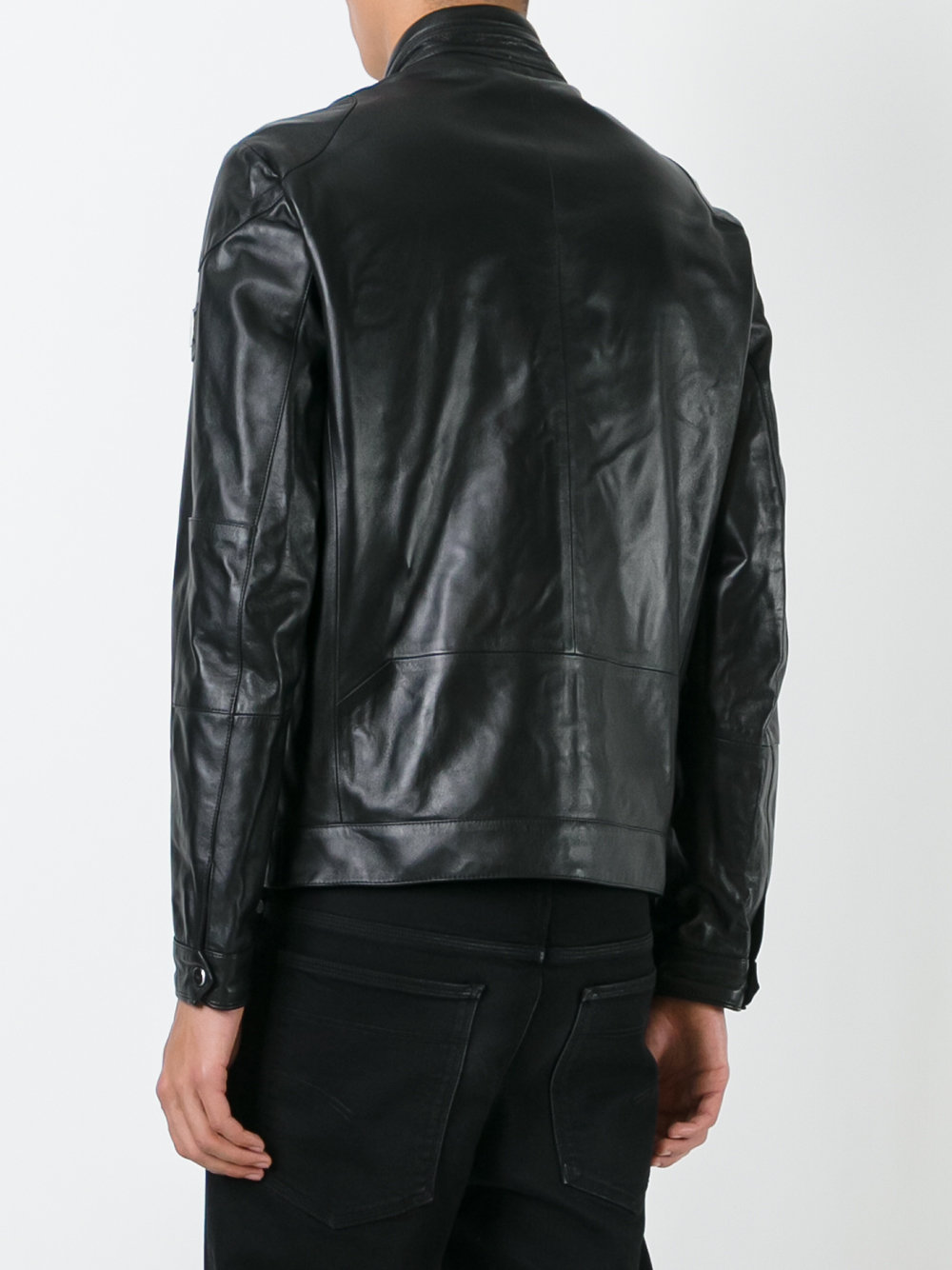 banded collar leather jacket