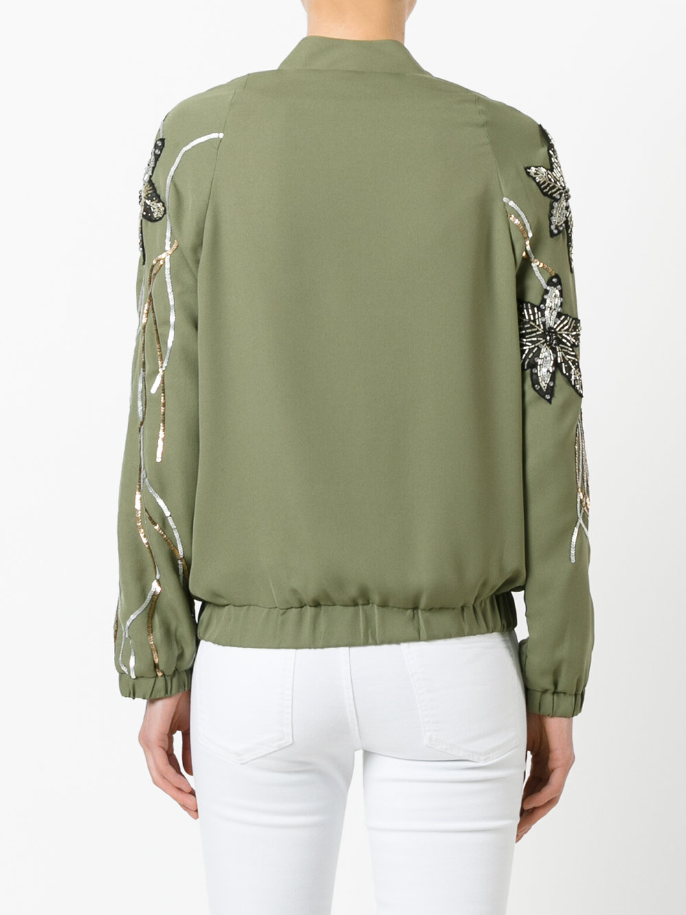 floral sequin sleeve bomber jacket