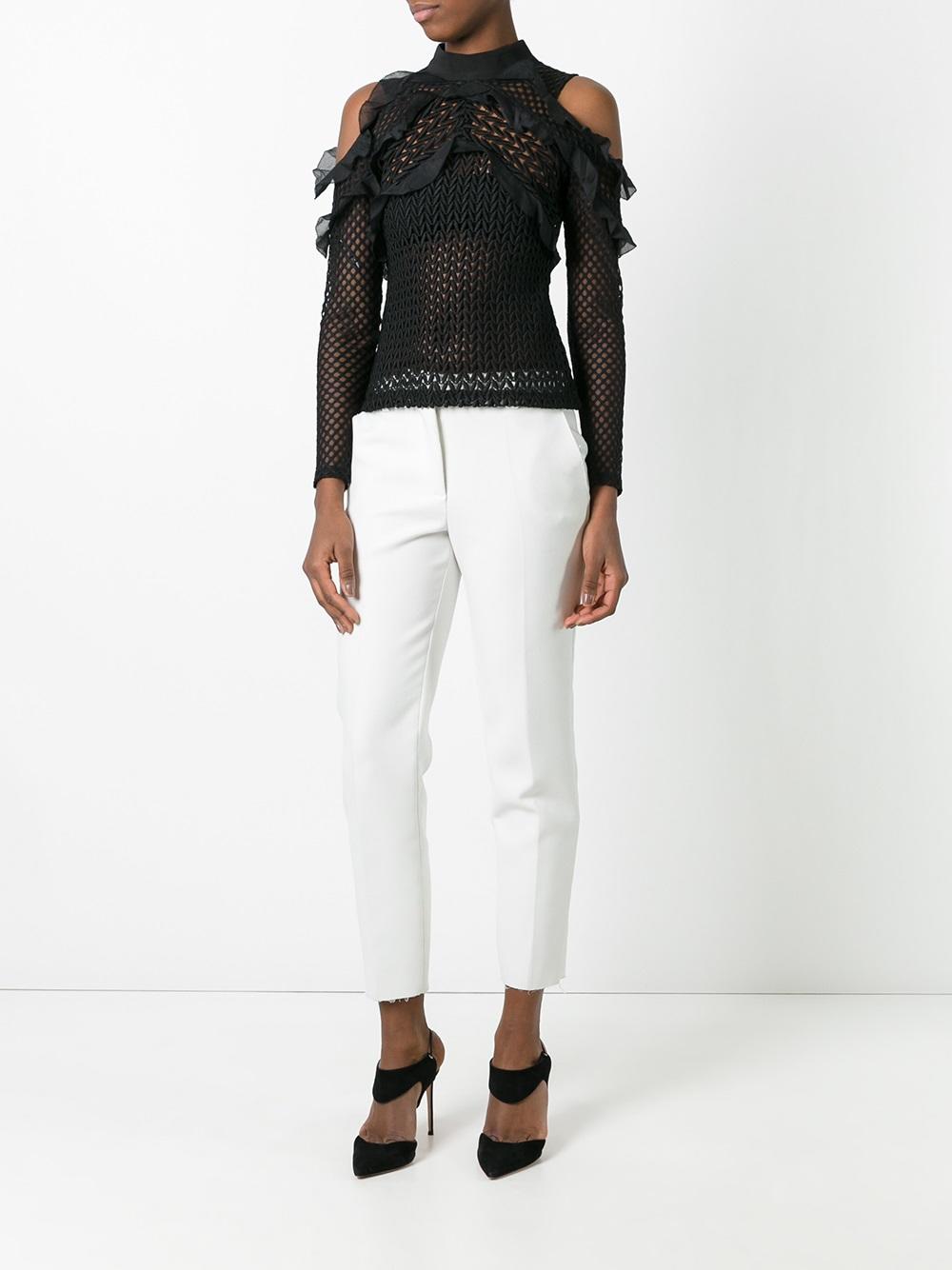 cut-off shoulders ruffled blouse