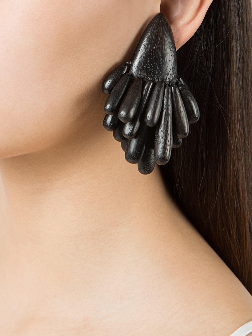 wood tassel clip on earrings