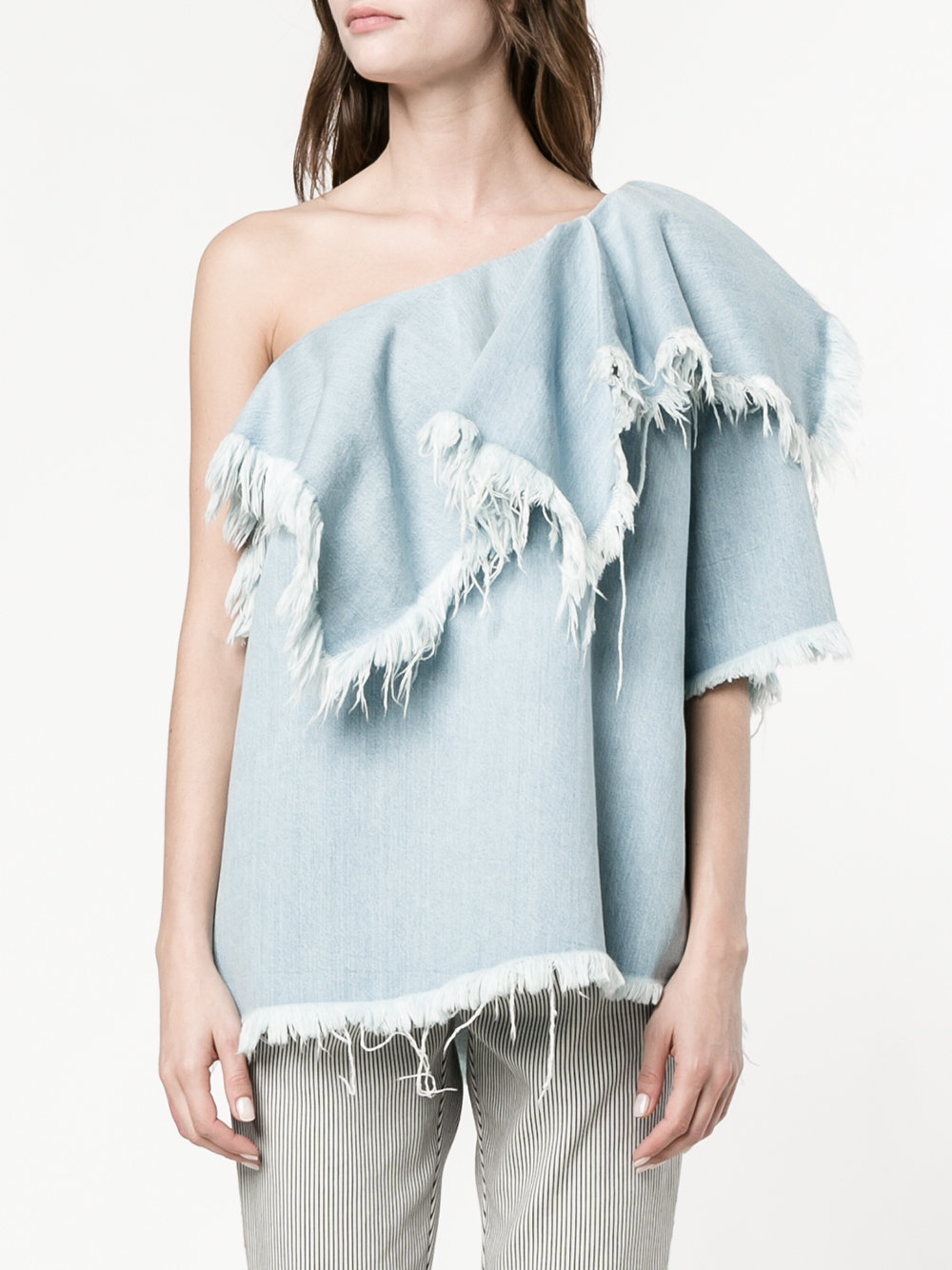 one-shoulder frayed denim top