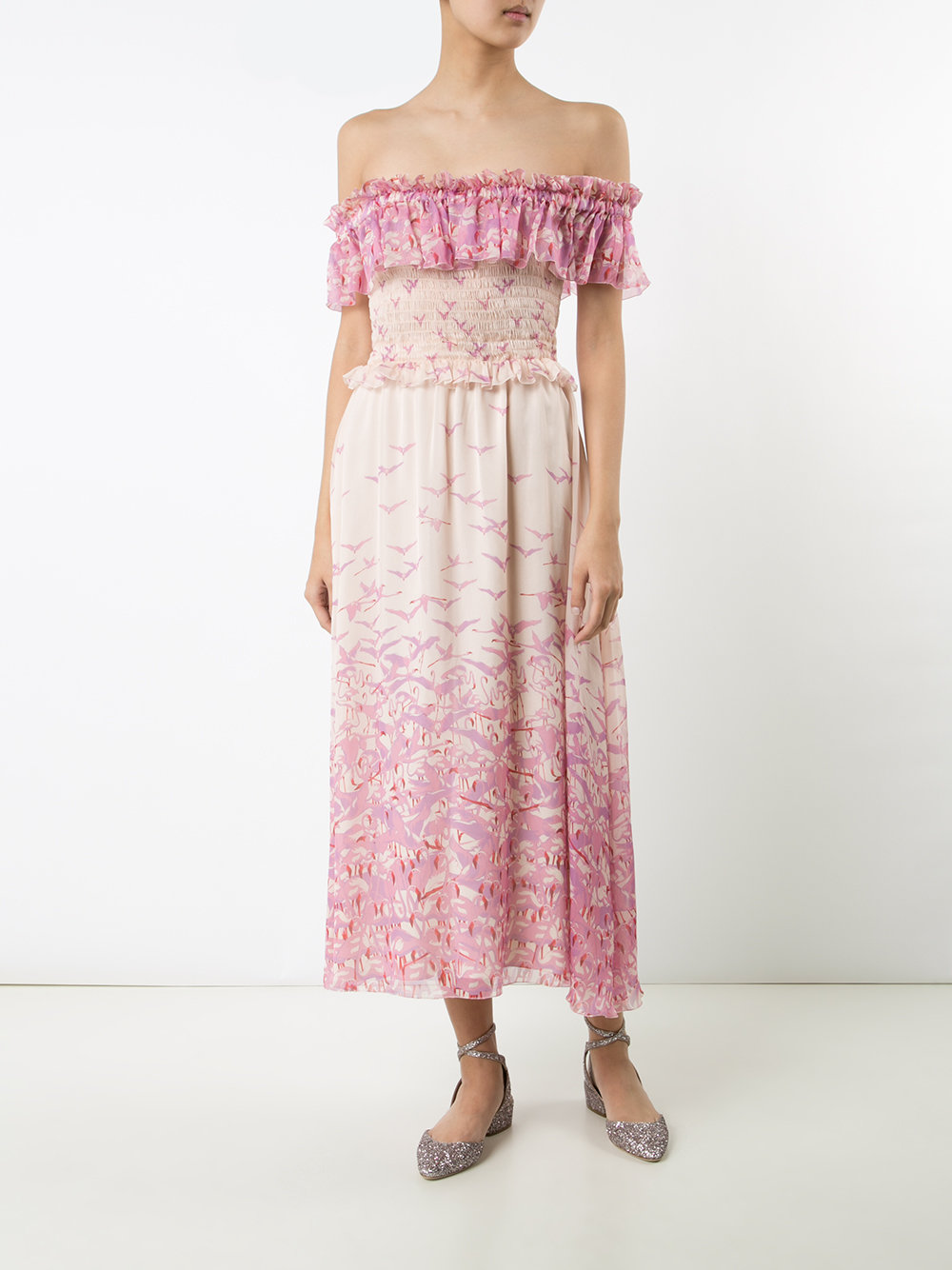 bardot bird print dress