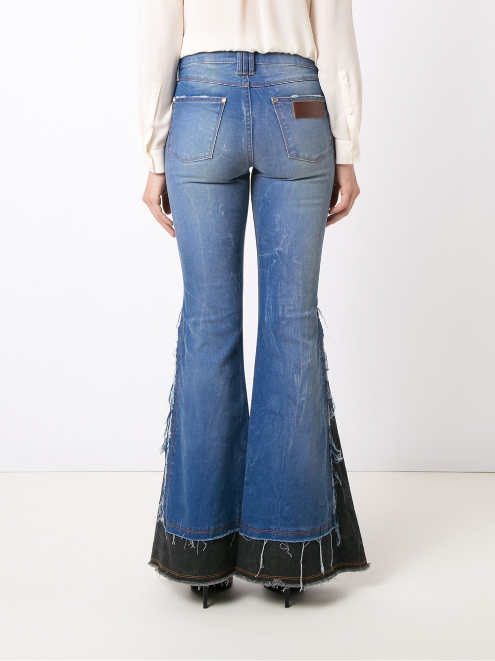 distressed overlay maxi flared jeans