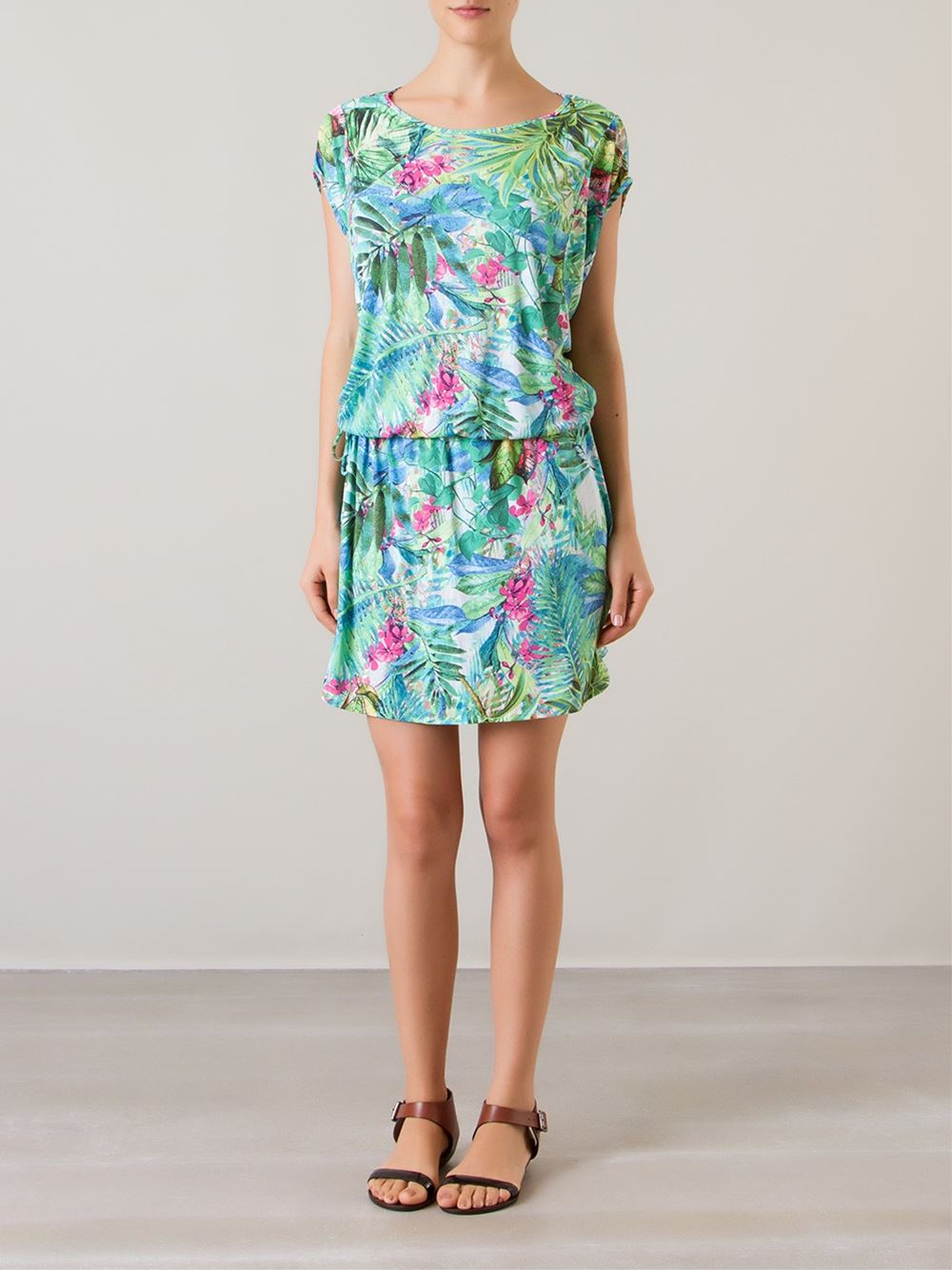 drawstring foliage print beach dress