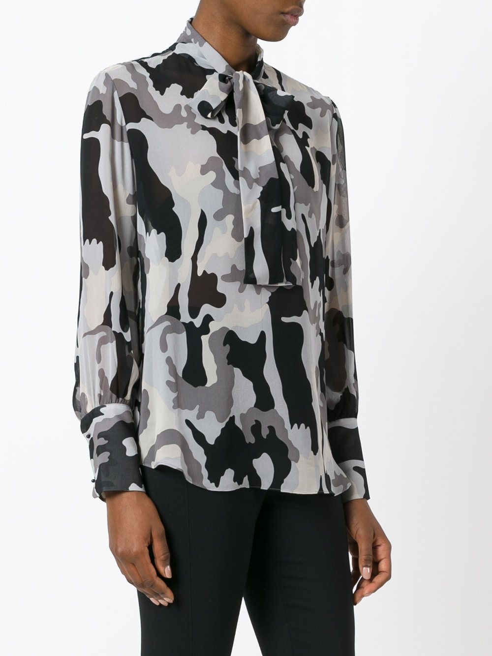 camouflage pussy bow blouse