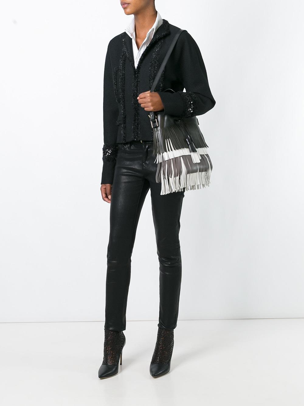 fringed bucket shoulder bag