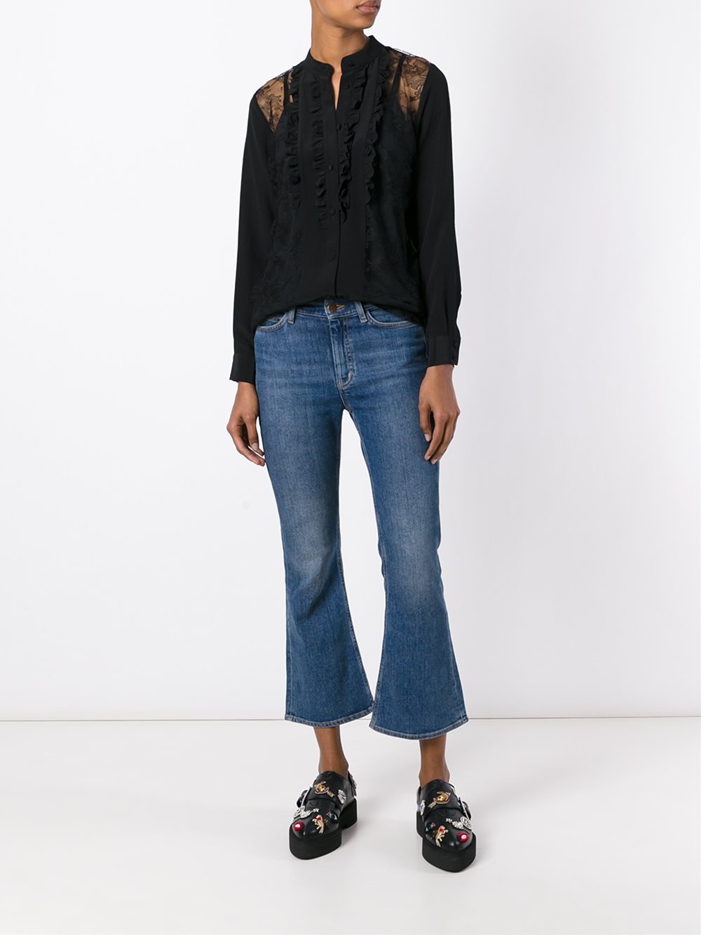 ruffle trim lace panel blouse