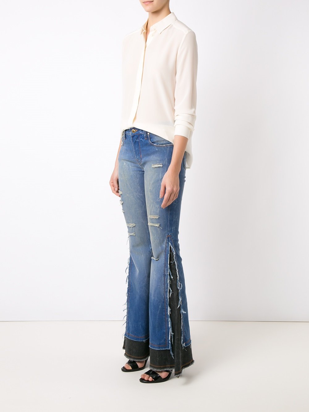 distressed overlay maxi flared jeans