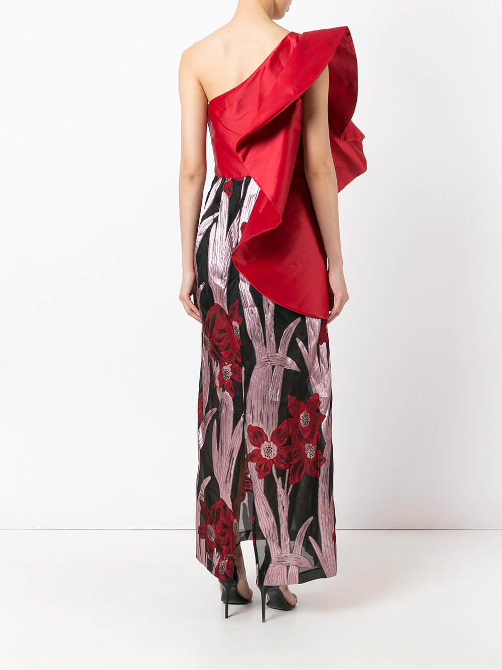 one shoulder floral gown